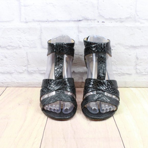 Via Spiga Black Snakeskin Patent Leather T Strap Heeled Sandals 6 M - Picture 4 of 11
